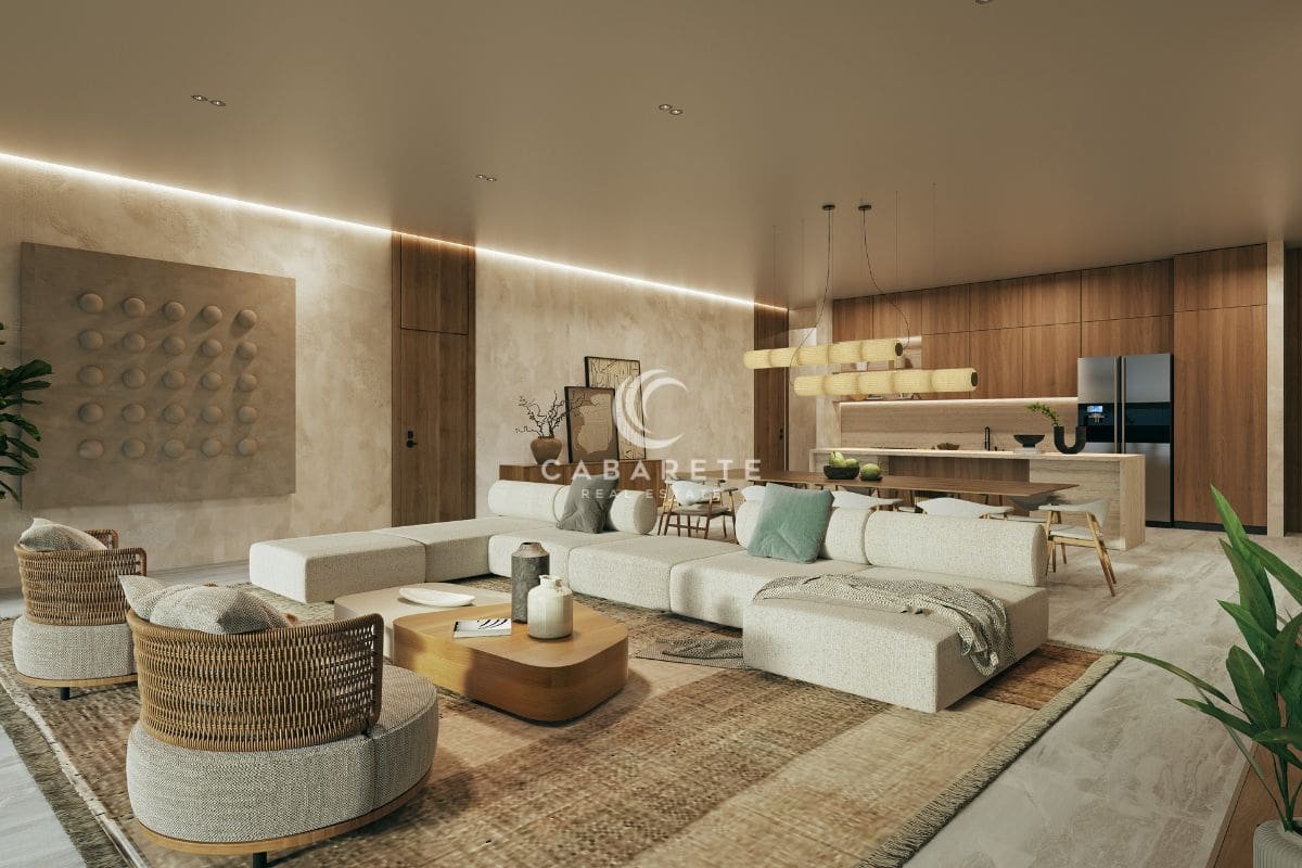 Die Atlantic View Residence, Punta Goleta, Cabarete, Dominikanische Republik, bietet einen luxuriösen Wohnbereich mit bodentiefen Fenstern und atemberaubender Dekoration