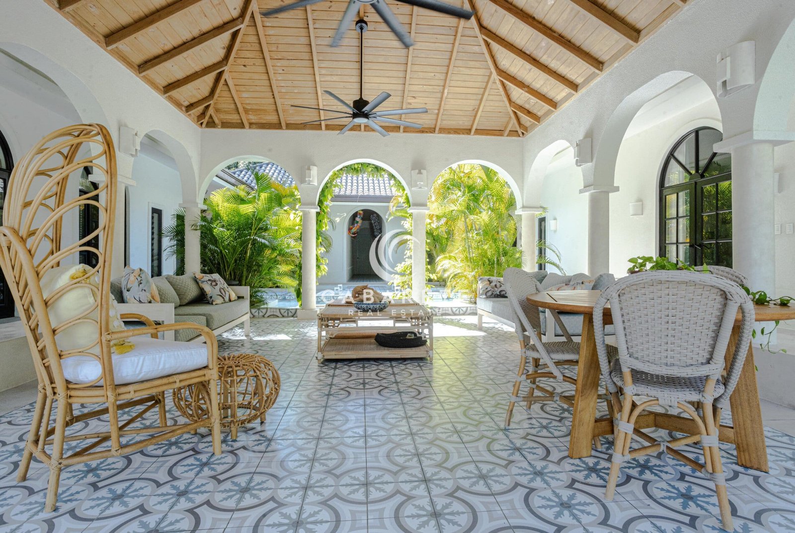 Outside seating area looking at house